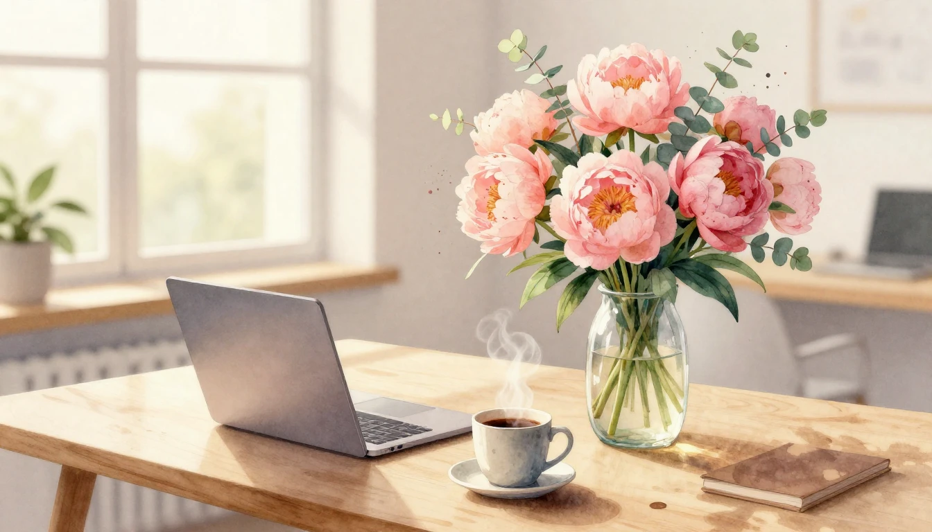 A beautiful, delicate watercolor painting of a modern, cozy ...