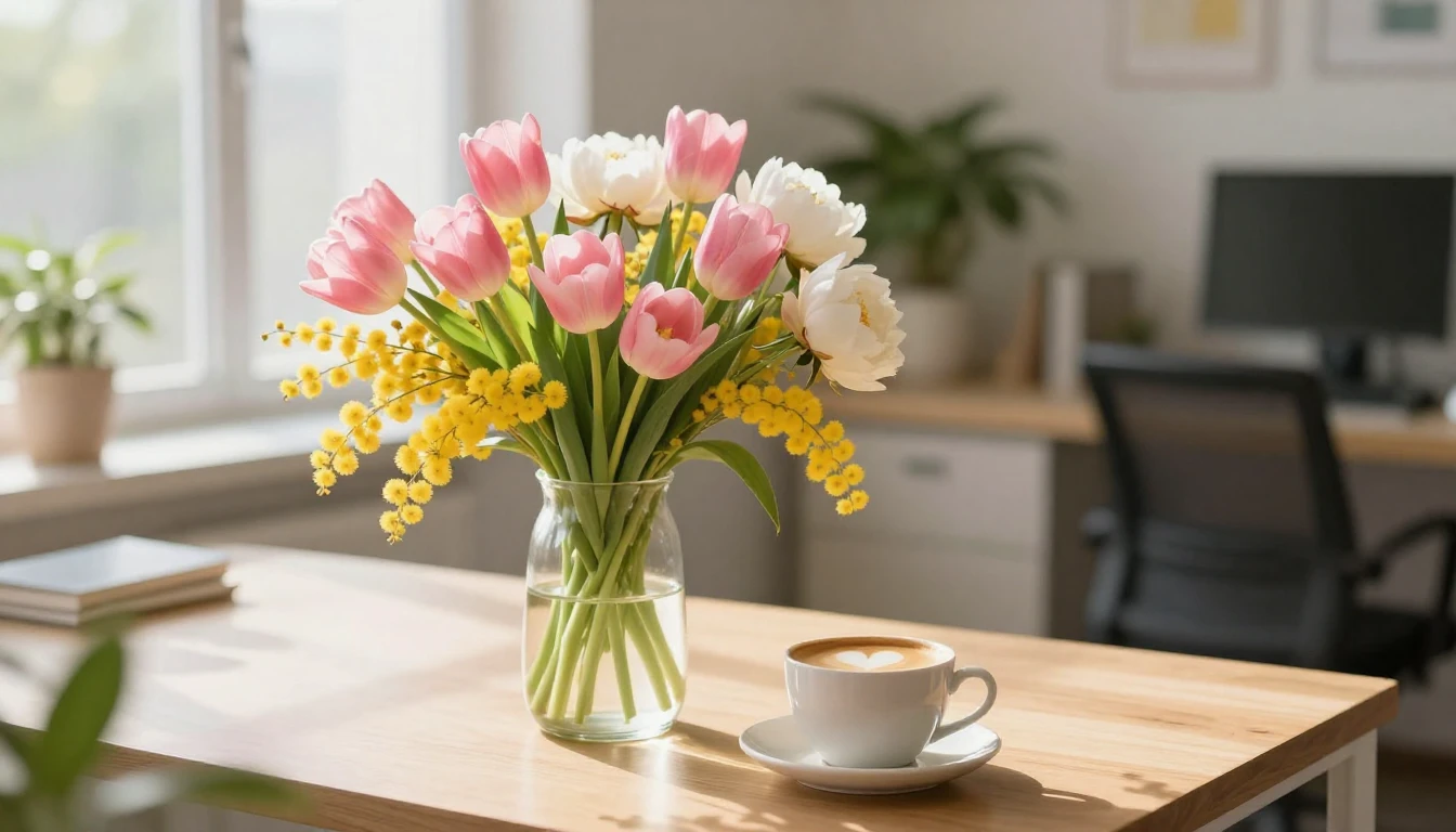 A beautiful, bright spring scene on a wooden office desk. A ...