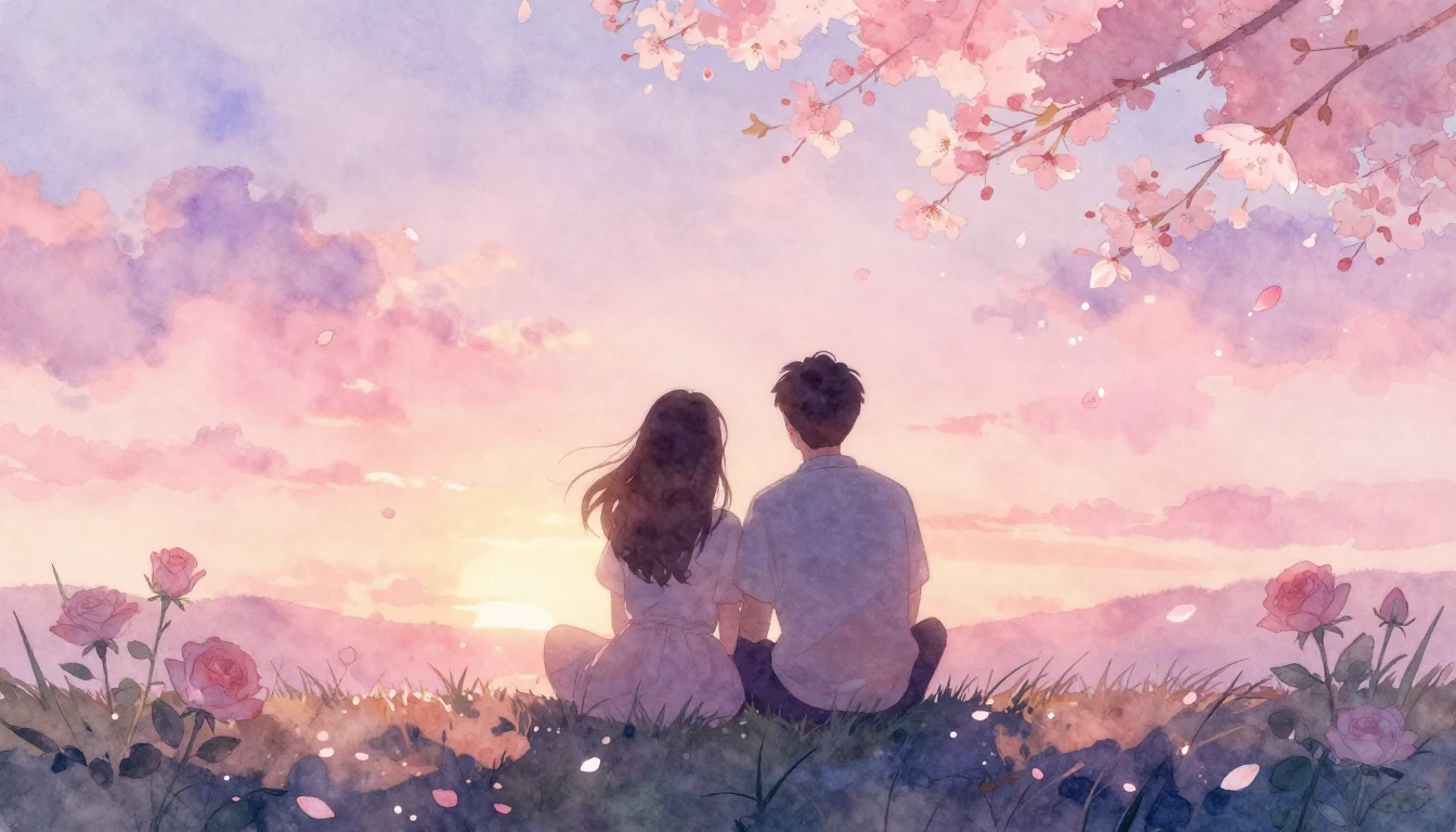 A dreamy and soft watercolor painting depicting the silhouet...