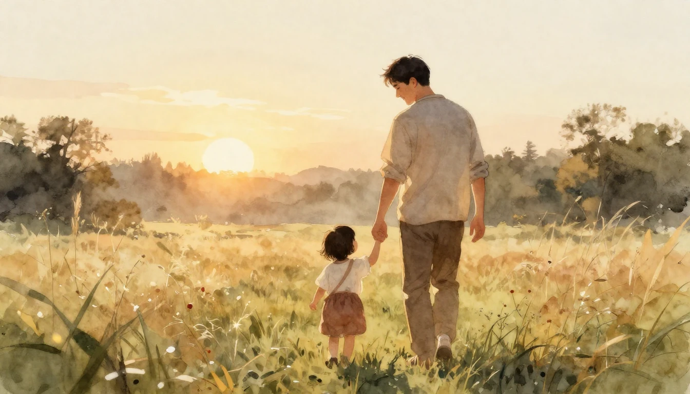 A heartwarming watercolor painting of a father and his young...