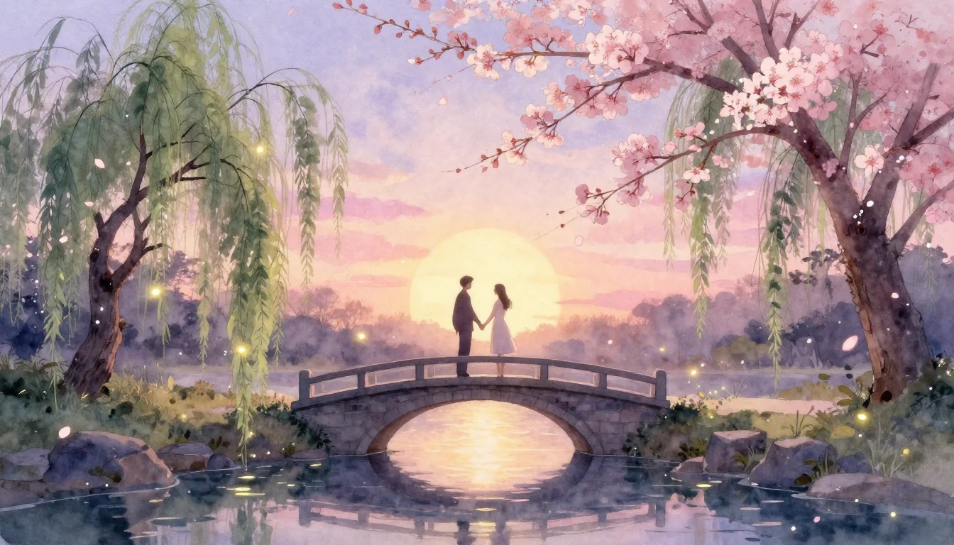 A dreamy and romantic watercolor painting depicting a serene...