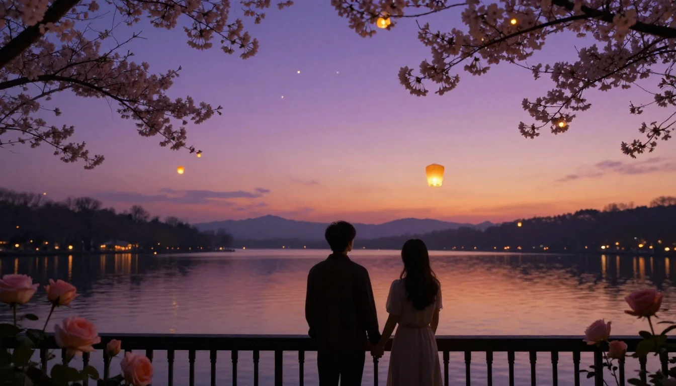 A dreamy and romantic scene featuring the silhouettes of a c...