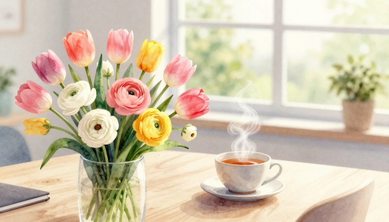 A delicate watercolor illustration of a bright, modern works...