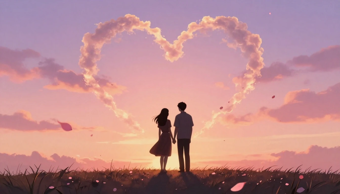 A romantic and soft scene featuring two silhouettes of a cou...