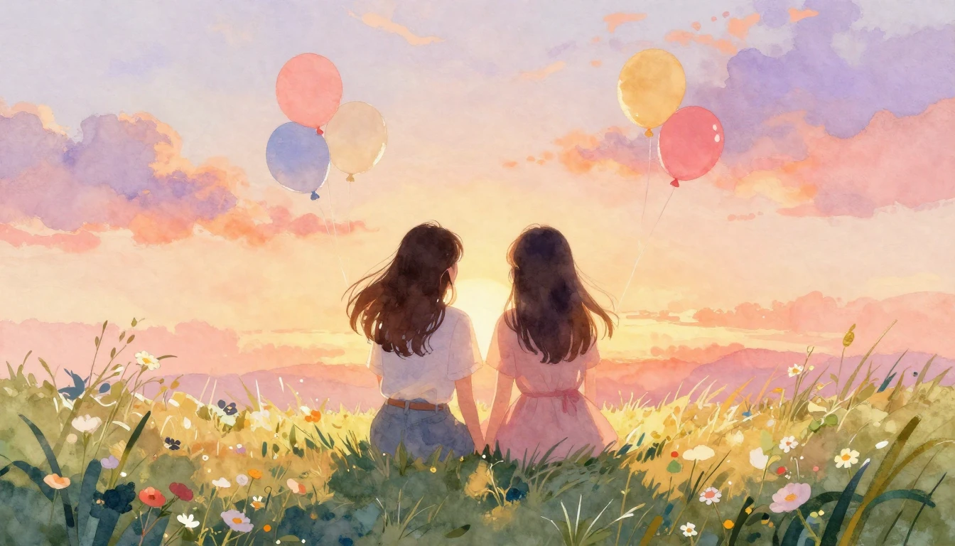 A soft and dreamy watercolor painting depicting two female f...