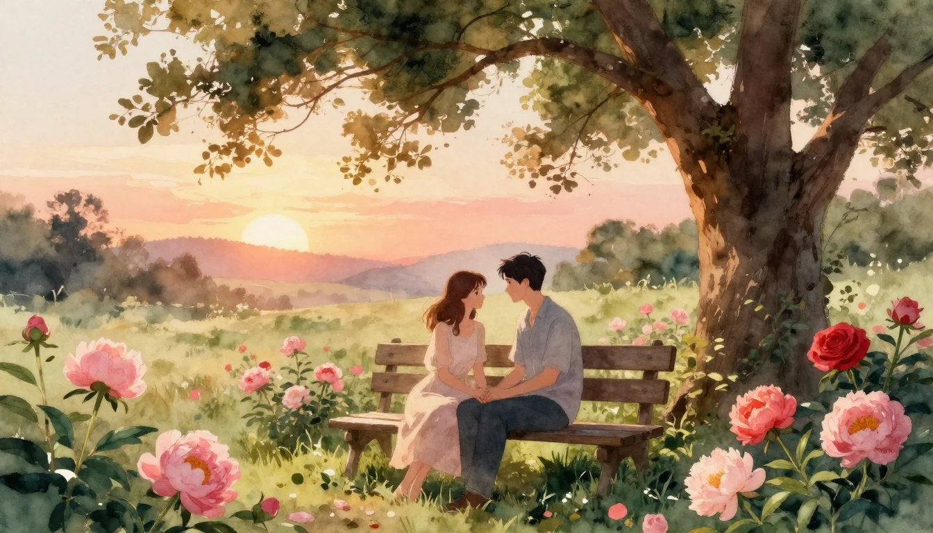 A romantic and cozy scene in a soft watercolor style. Two lo...