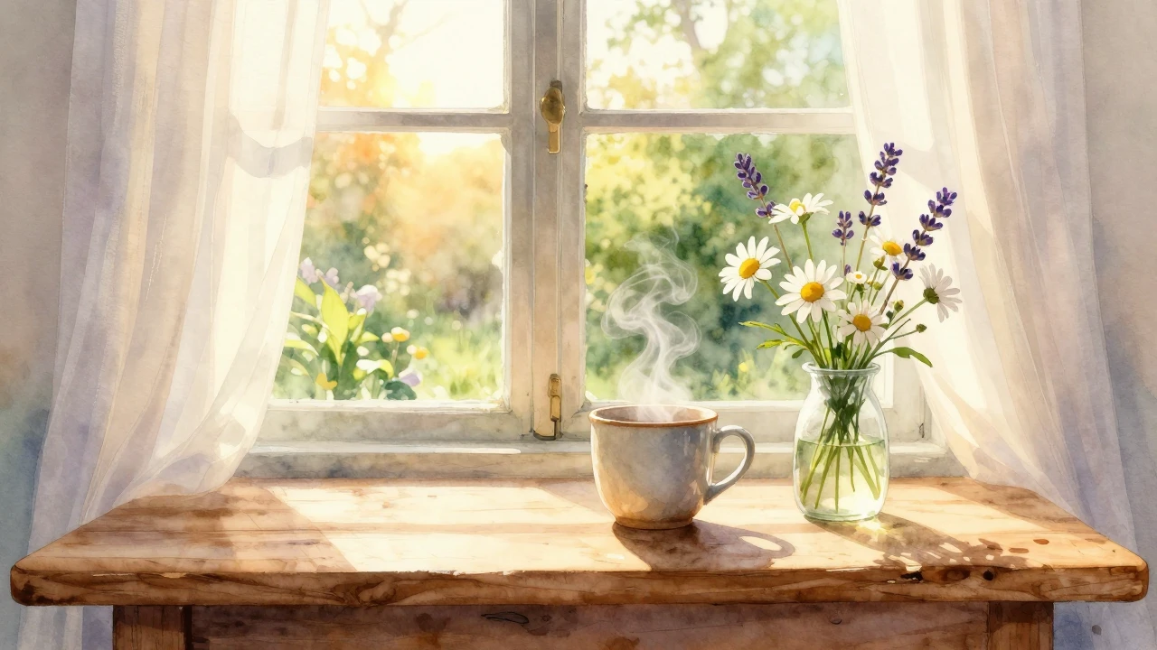 A serene and cozy morning scene captured in soft watercolor ...
