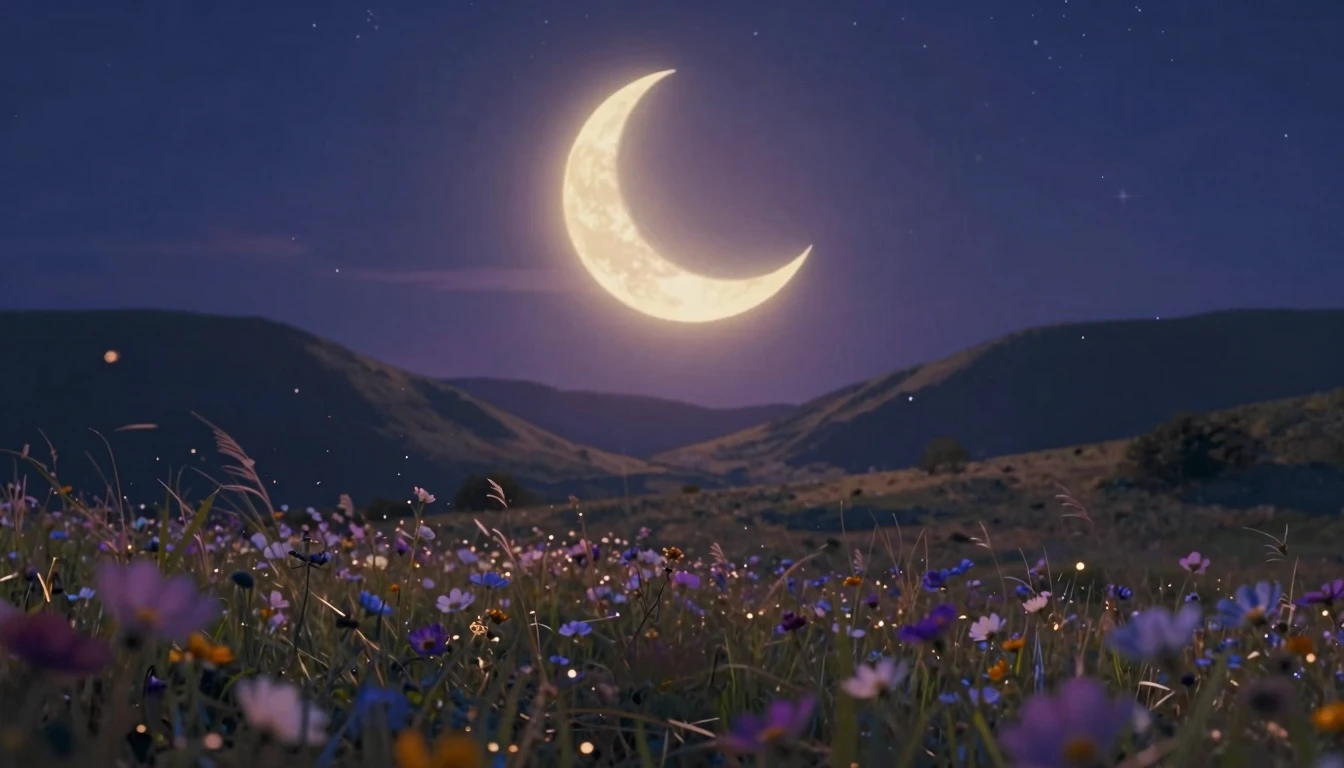 A serene night landscape filled with a warm, romantic atmosp...
