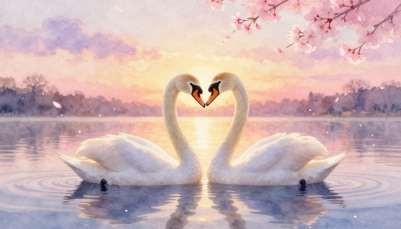 A romantic and dreamy watercolor painting featuring two whit...