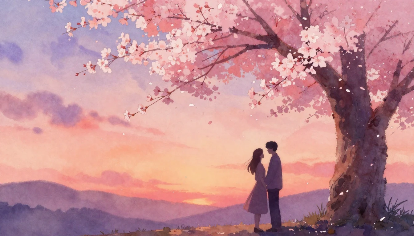 A romantic and ethereal watercolor painting depicting two si...