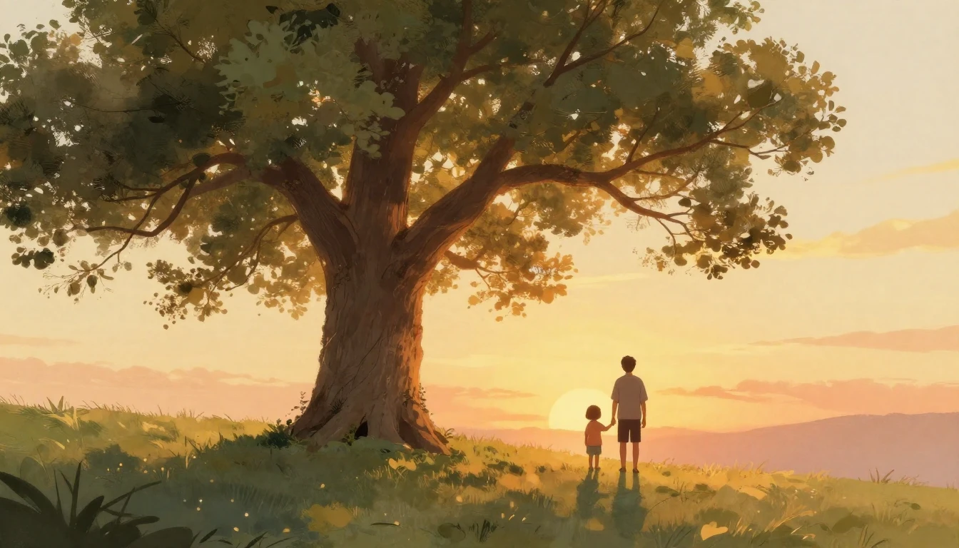 A heartwarming illustration of a large, majestic oak tree st...