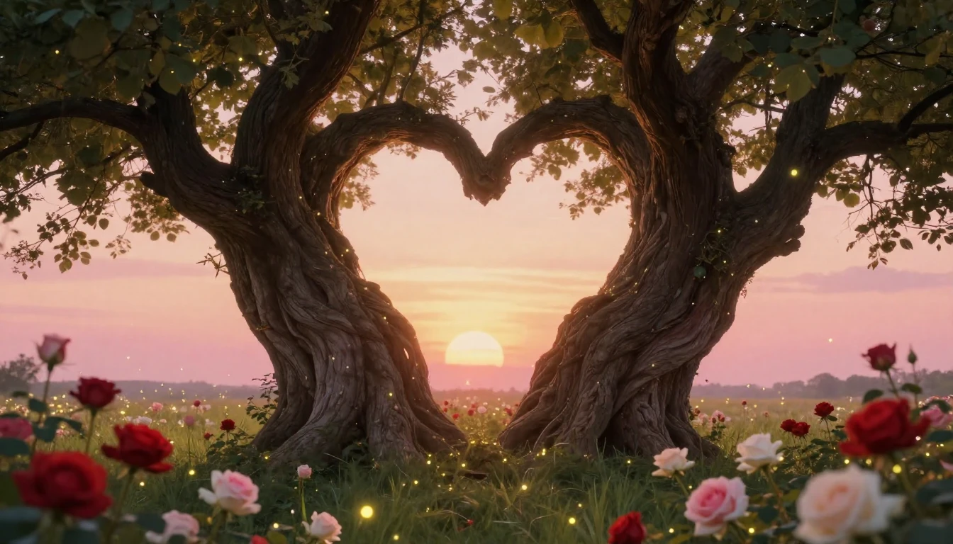 A soft and dreamy composition depicting two large, ancient t...