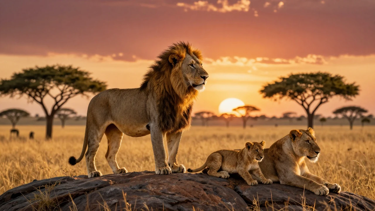 A magnificent lion pride resting on a sunlit rocky outcrop i...