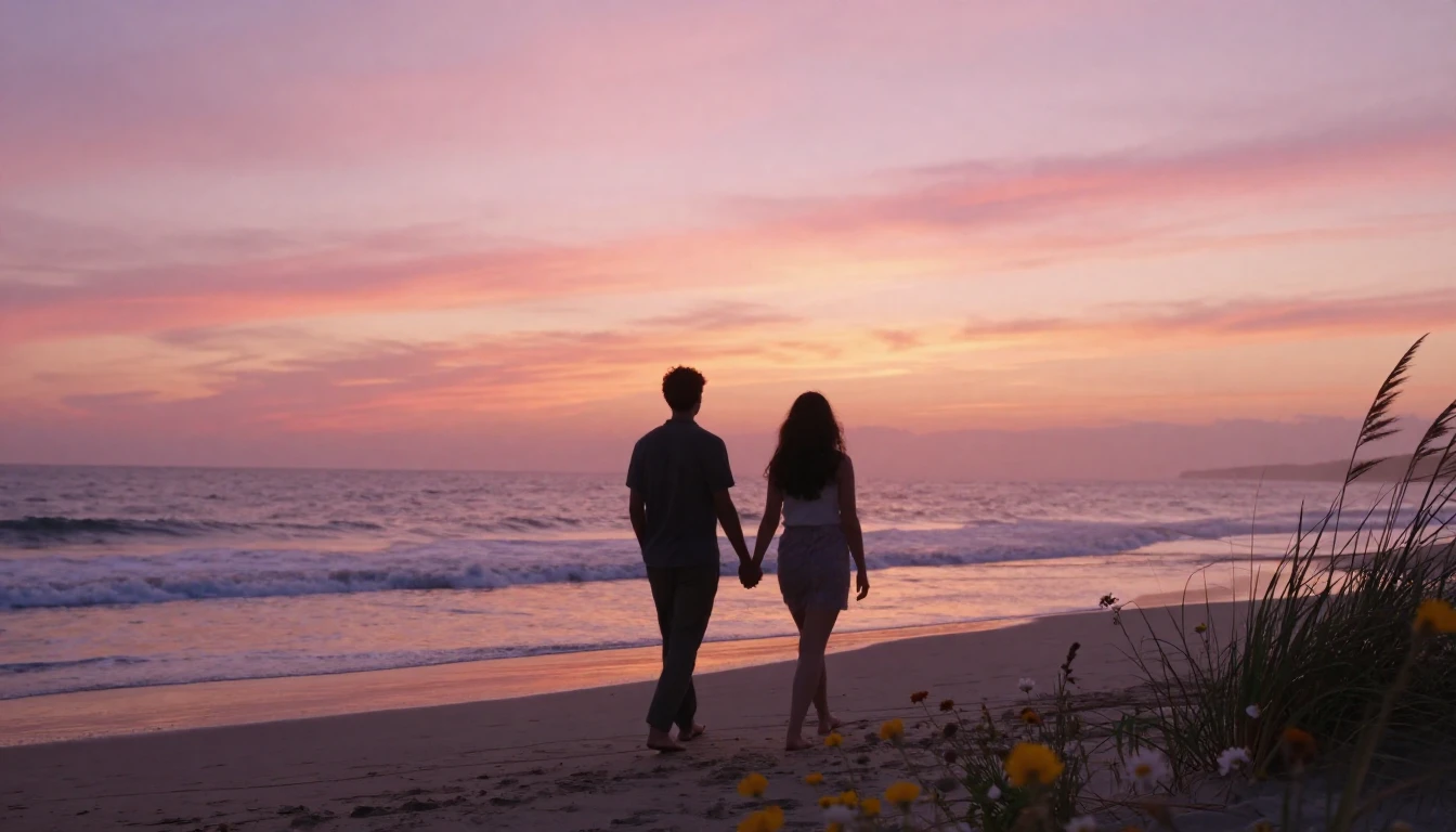 A romantic and intimate scene of two silhouettes walking han...