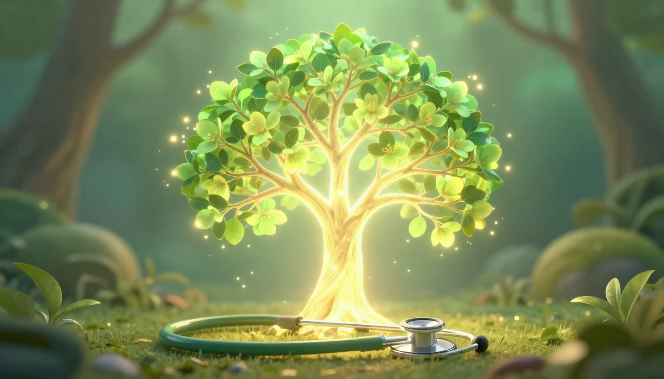 A glowing stethoscope transforming into a beautiful blooming...