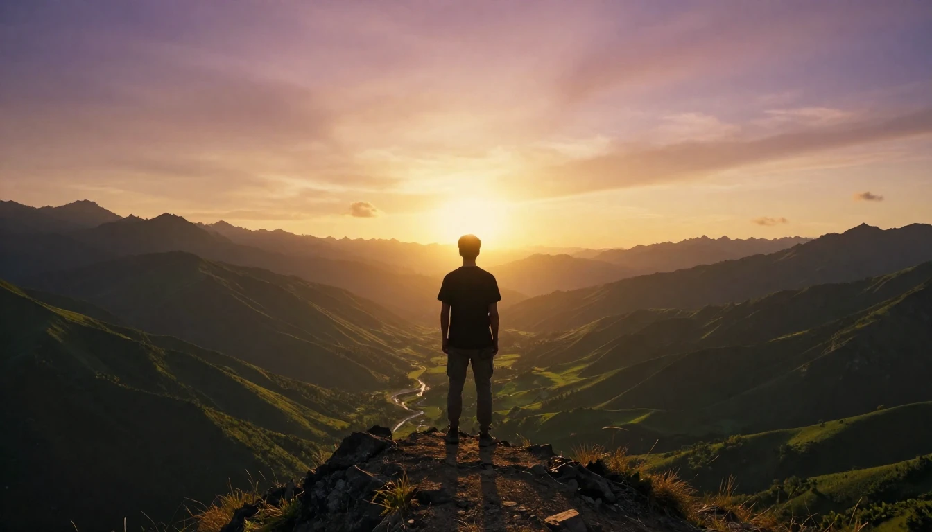 A breathtaking cinematic landscape showing a silhouette of a...