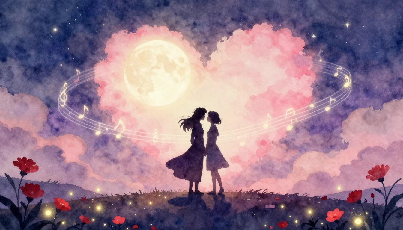 A romantic and dreamy watercolor composition featuring two s...