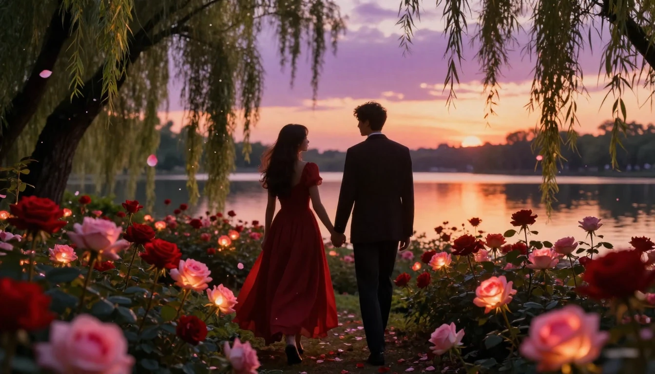 A romantic and ethereal scene featuring two silhouettes walk...