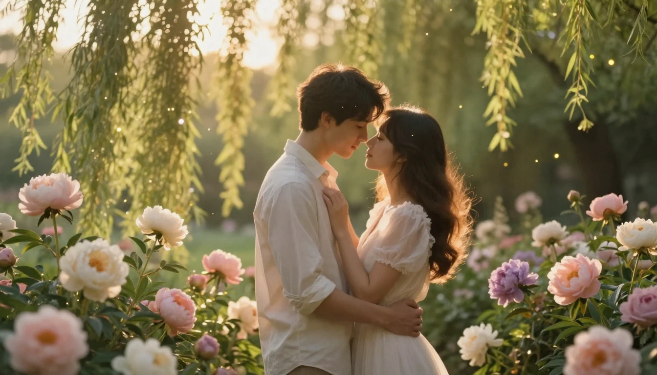 A romantic and ethereal scene featuring a couple in a gentle...