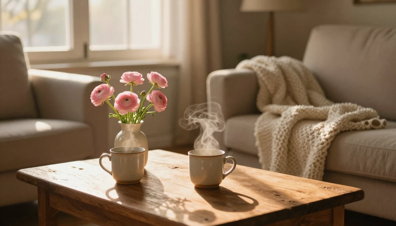 A cozy, sun-drenched living room corner during the golden ho...