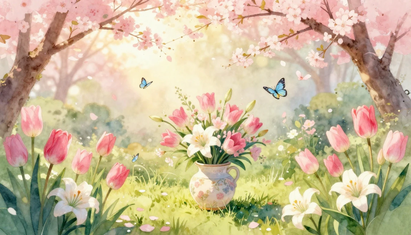 A gentle watercolor illustration of a blooming spring garden...