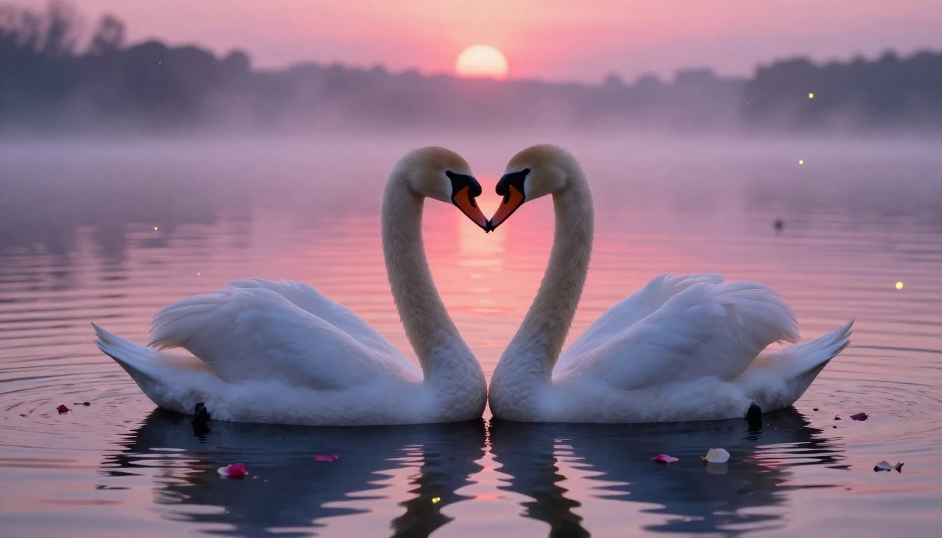 A whimsical romantic scene featuring two elegant white swans...