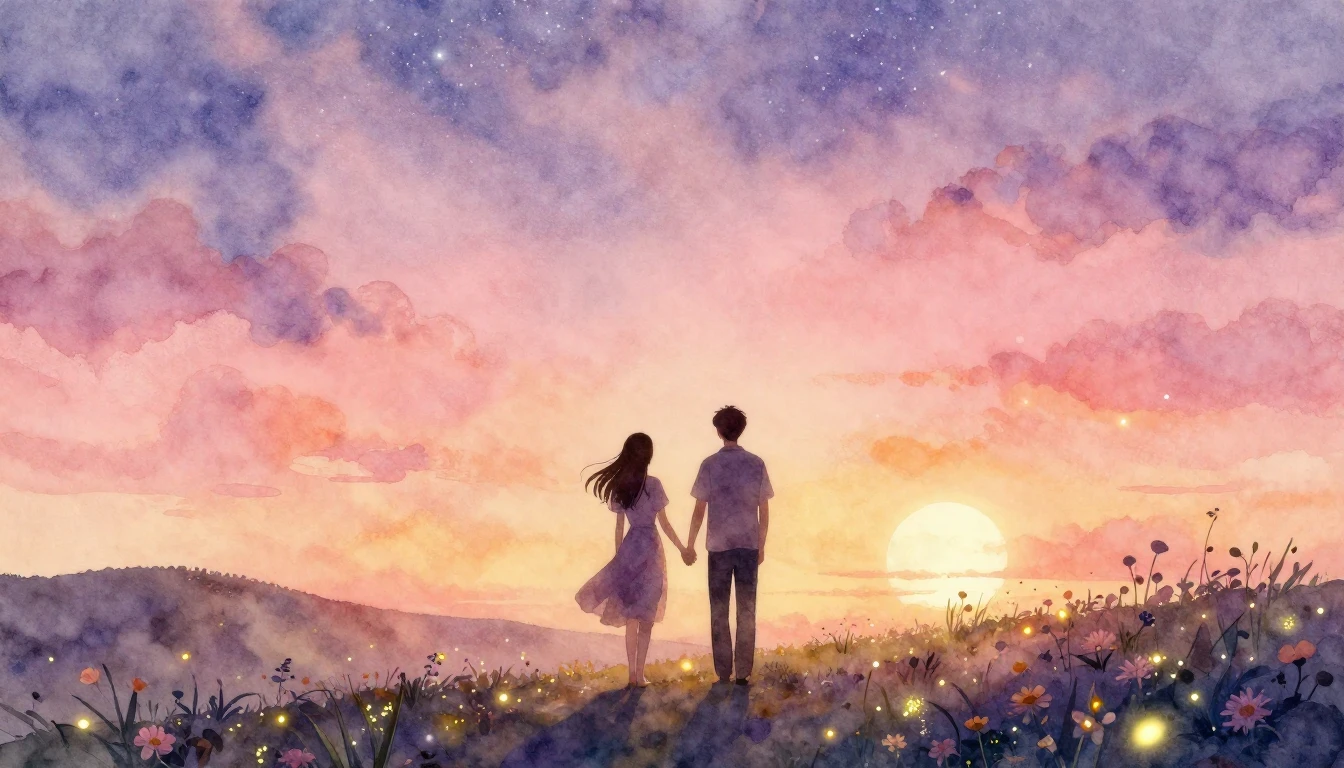 A romantic and dreamy watercolor scene featuring two silhoue...