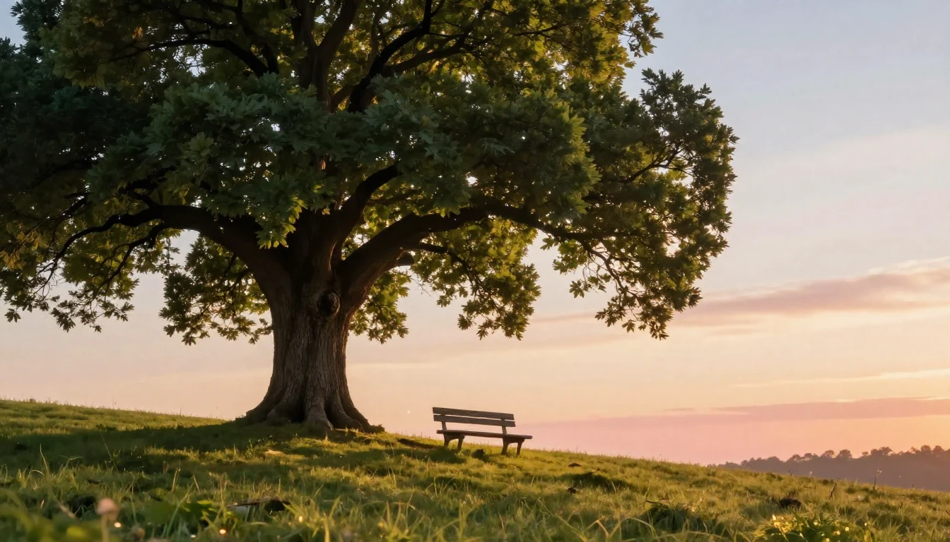 A cozy and heartwarming scene showing a large, sturdy oak tr...