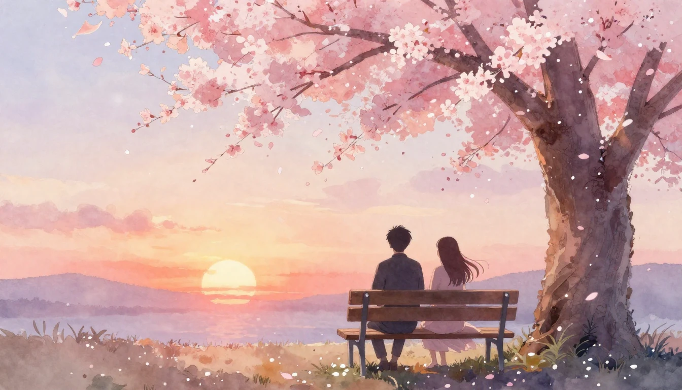 A soft and romantic watercolor painting depicting two silhou...