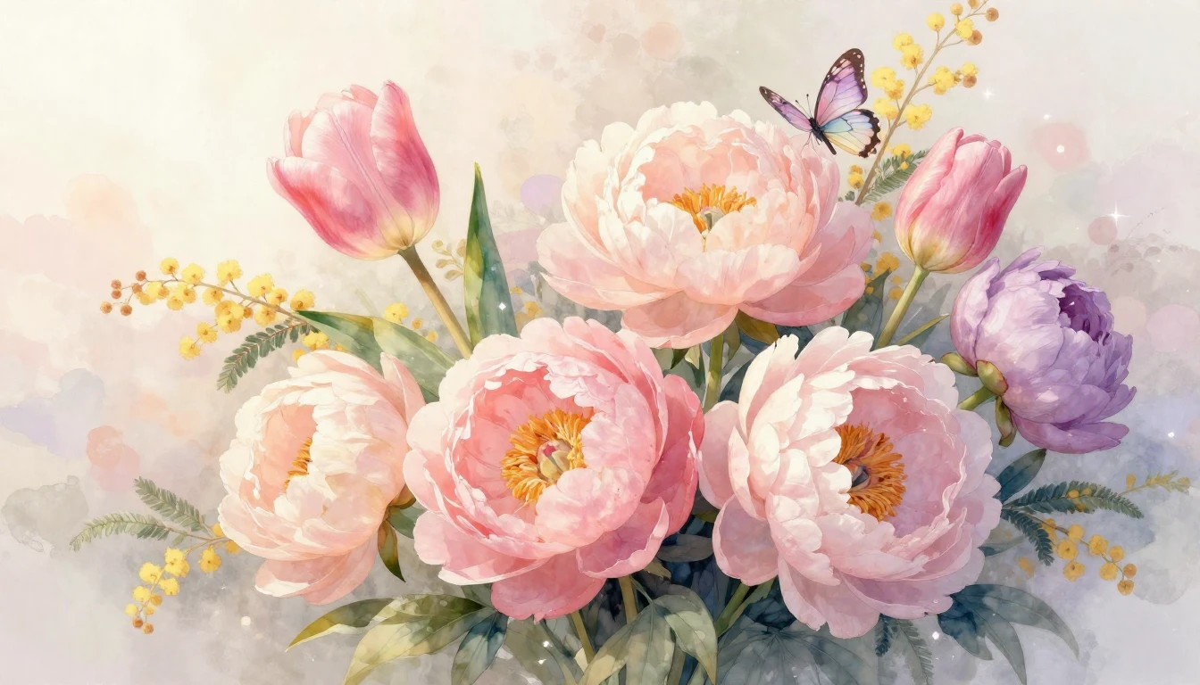A dreamy and elegant watercolor painting featuring a lush bo...
