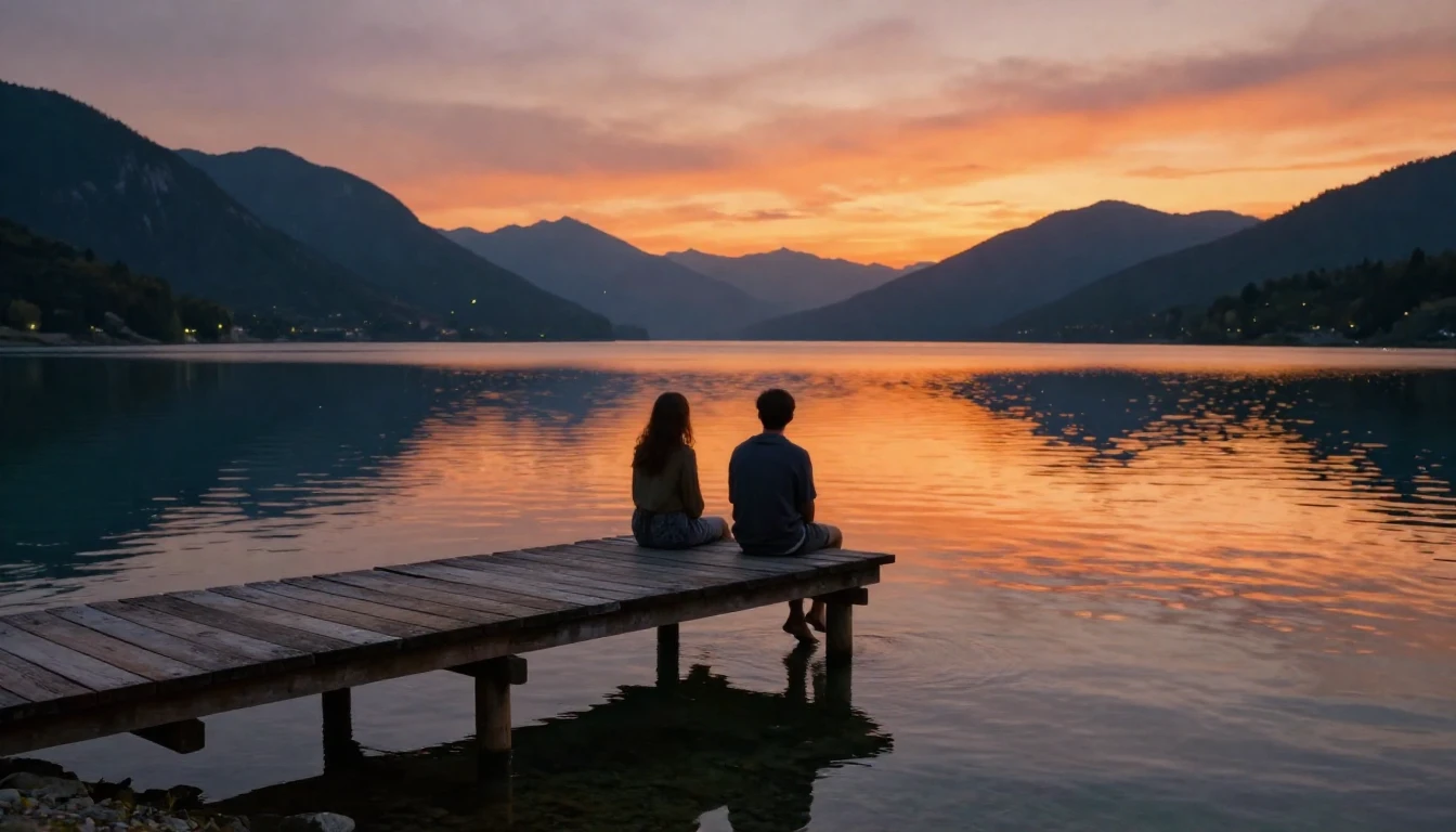 A breathtaking cinematic wide shot of two close friends sitt...