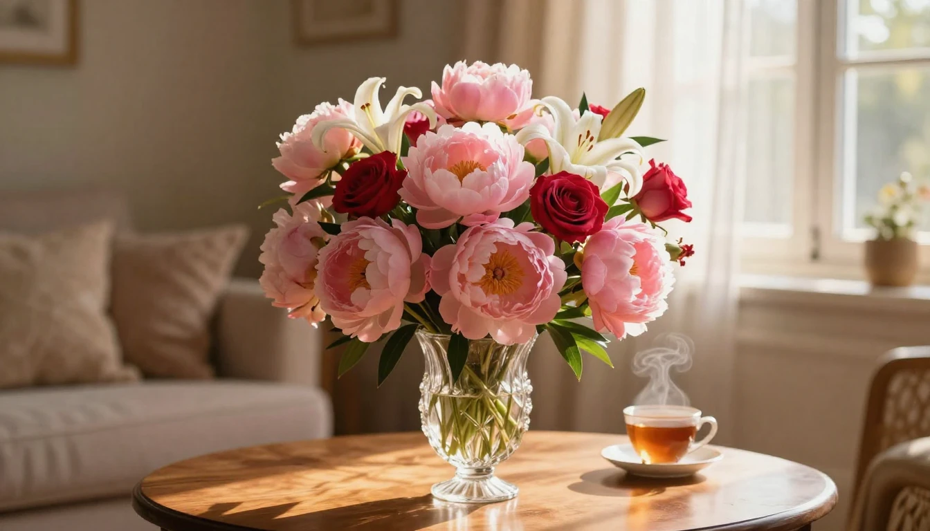 A magnificent and lush bouquet of pink peonies, soft white l...