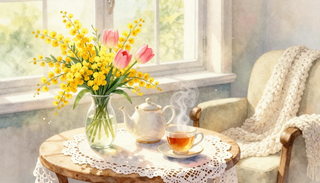 A soft watercolor illustration depicting a cozy sunlit corne...