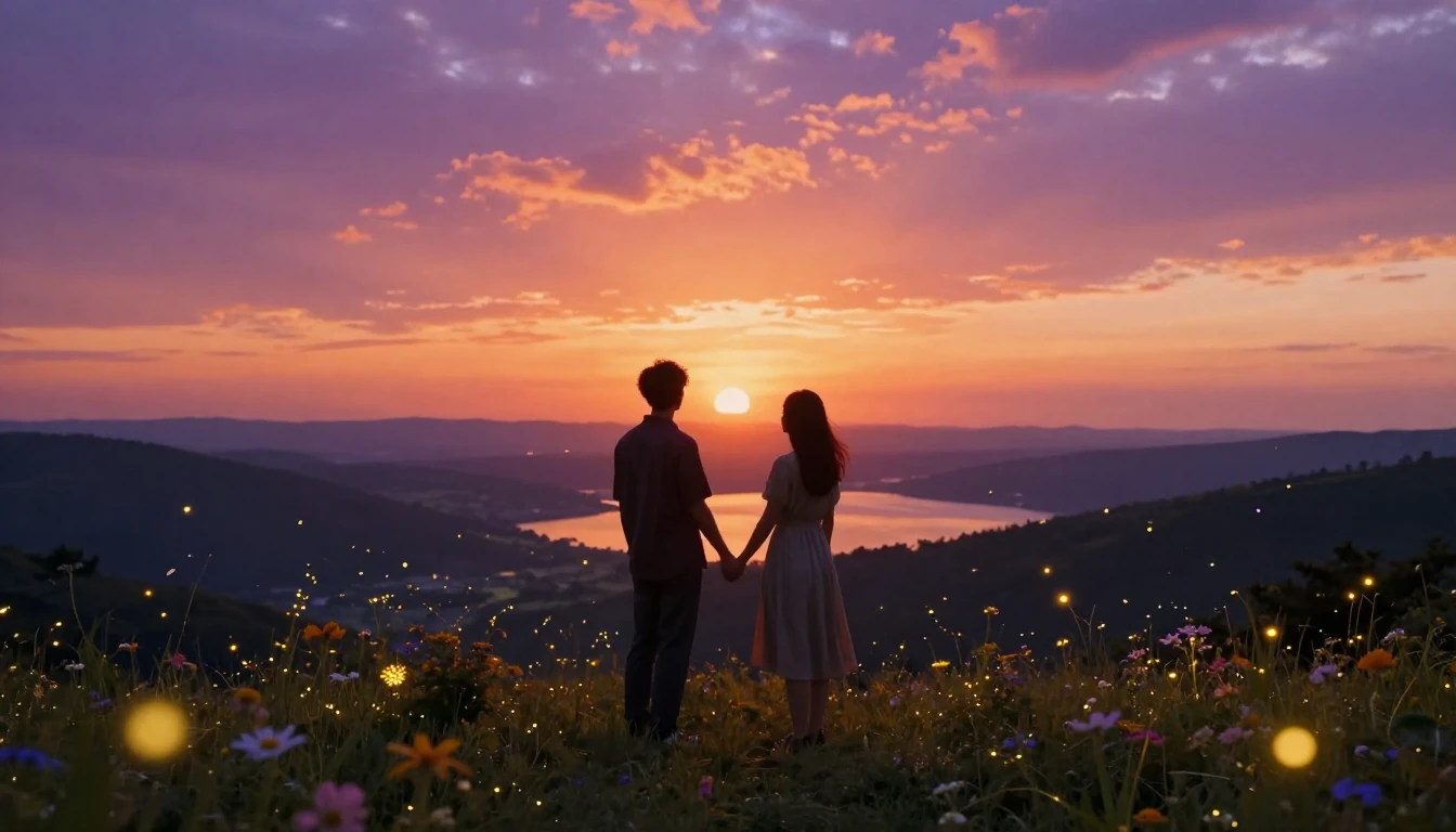 A breathtakingly romantic scene featuring two silhouettes of...