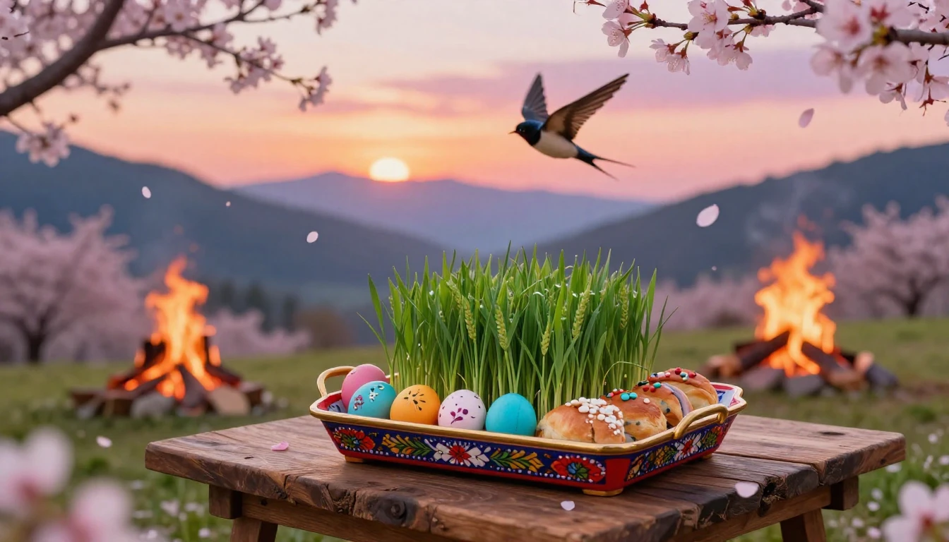 A vibrant spring landscape in a blooming mountain valley. In...