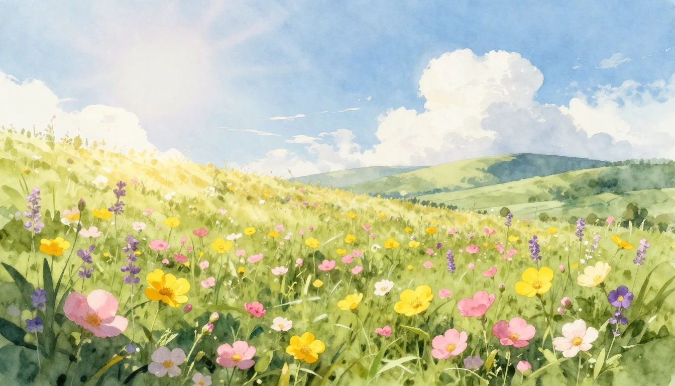 A breathtaking and serene watercolor painting of a sun-drenc...