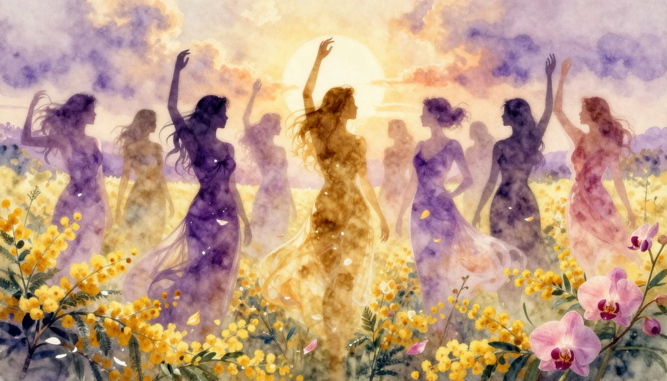 An artistic watercolor composition depicting diverse female ...