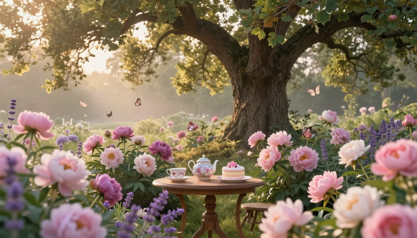 A beautiful and serene garden at sunrise, filled with vibran...