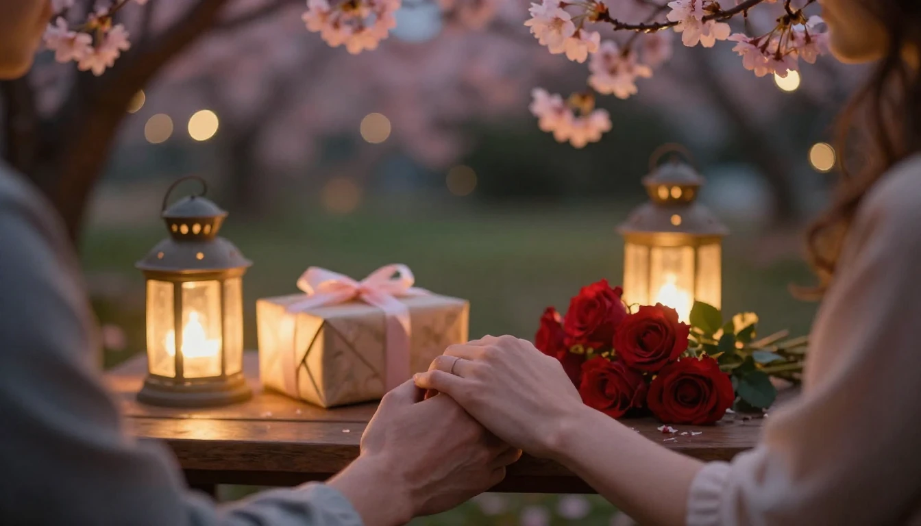 A warm and romantic scene featuring two people holding hands...