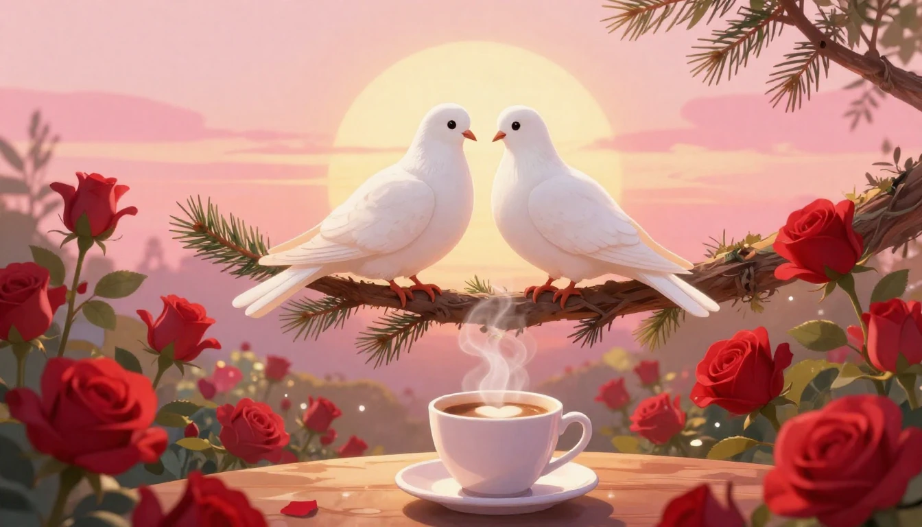 A romantic and whimsical illustration featuring two white do...