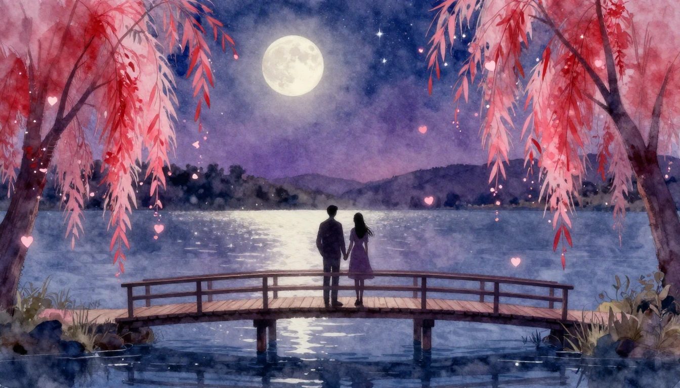 A soft and dreamy watercolor painting depicting two silhouet...