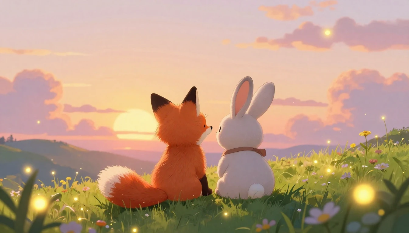 Two adorable animal friends, a little fox and a bunny, sitti...
