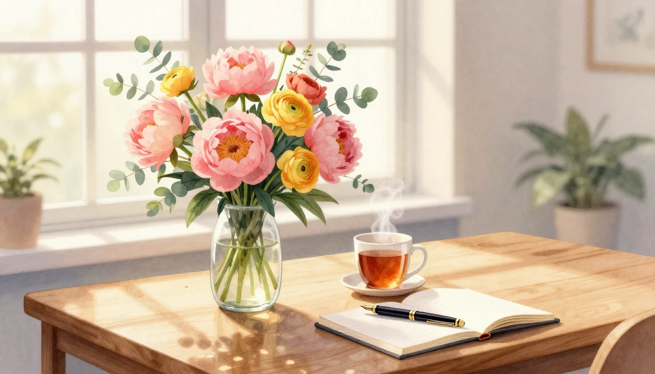 A beautiful watercolor illustration of a bright and cozy wor...