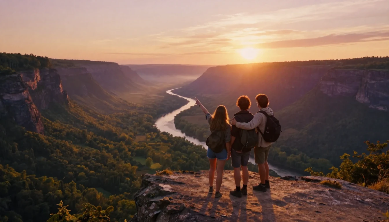A wide-angle cinematic shot of two friends standing on a hig...