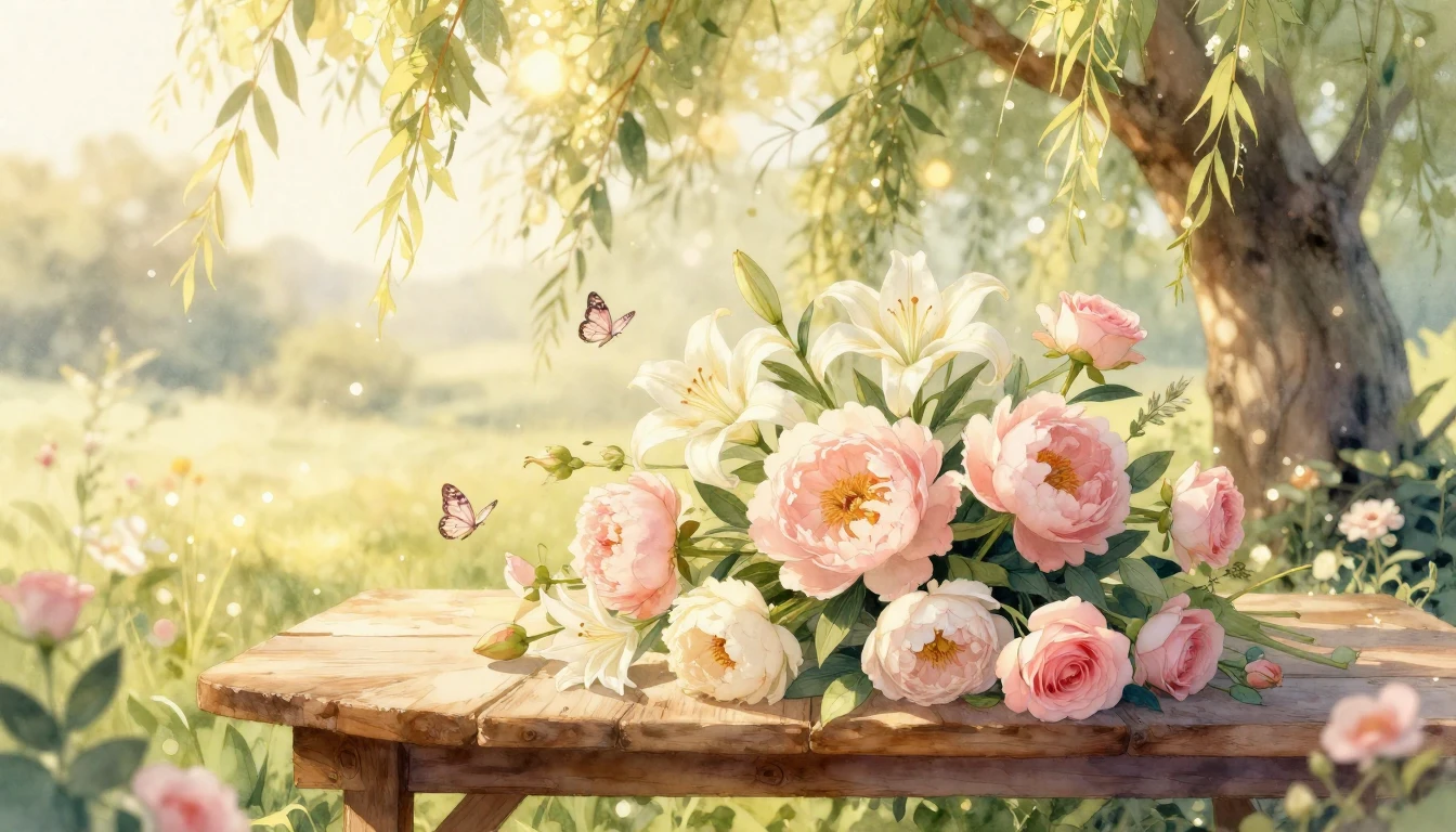 A dreamy and romantic watercolor illustration of a lush gard...