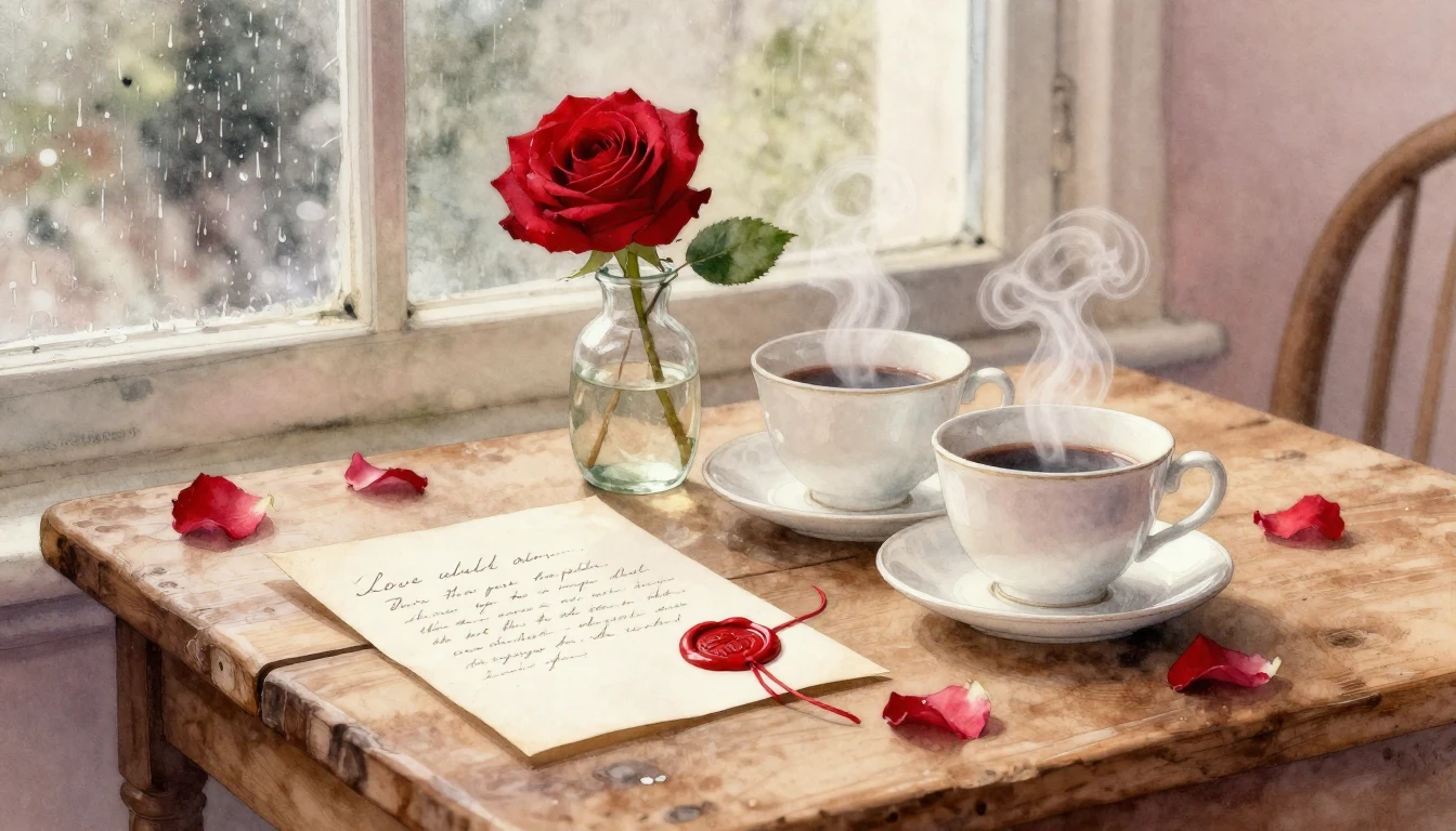 A soft and dreamy watercolor painting featuring a romantic s...