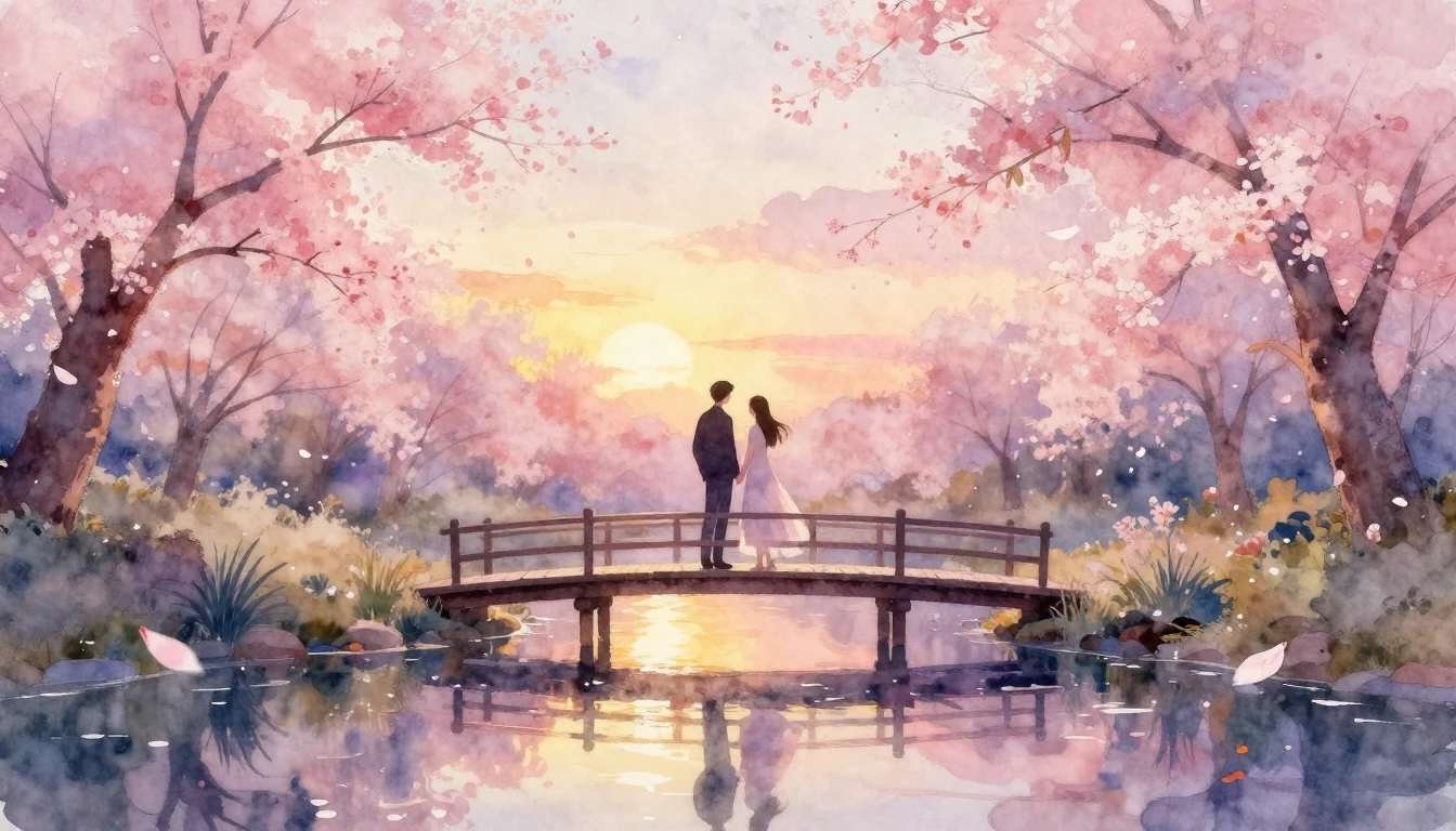 A dreamy and romantic watercolor painting depicting two silh...