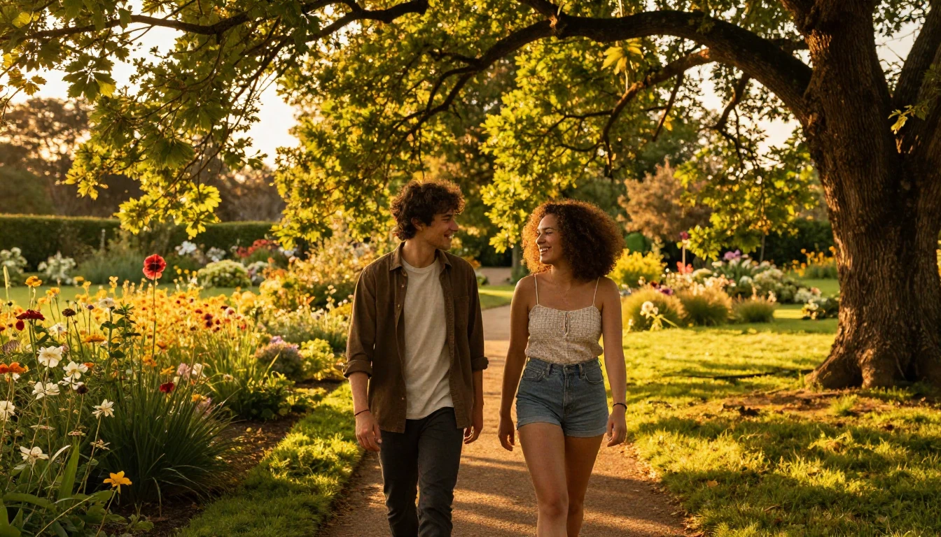 A heartwarming scene of two close friends walking along a su...