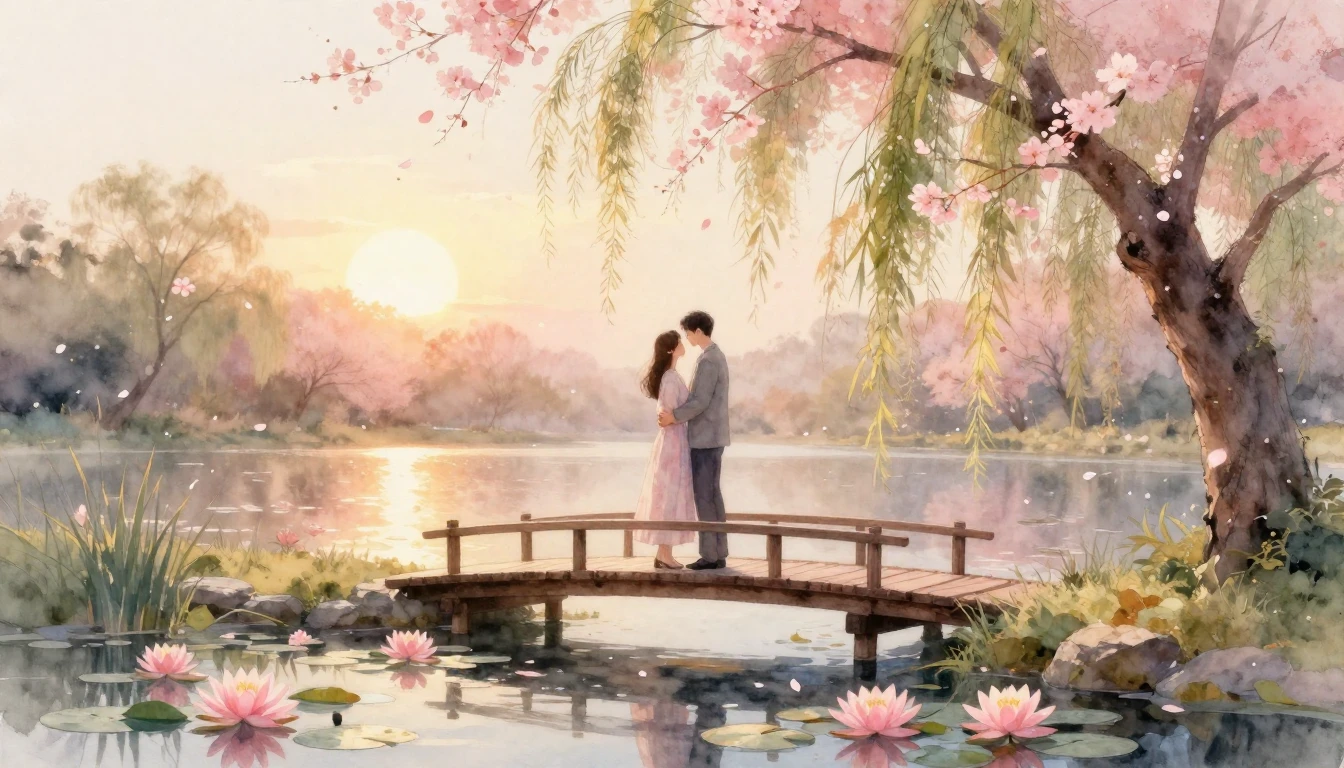 A dreamy and romantic watercolor painting of a couple standi...