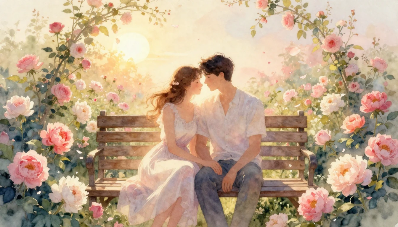 A breathtaking watercolor painting of a romantic couple sitt...